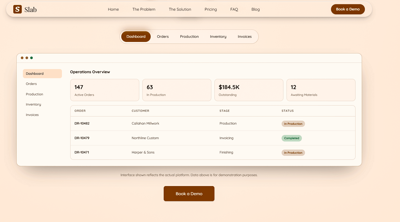 An overview of what SLAB does: catalog-based quoting, customer records, a staged job pipeline, change tracking, stage-based invoicing, cut lists and inventory visibility.