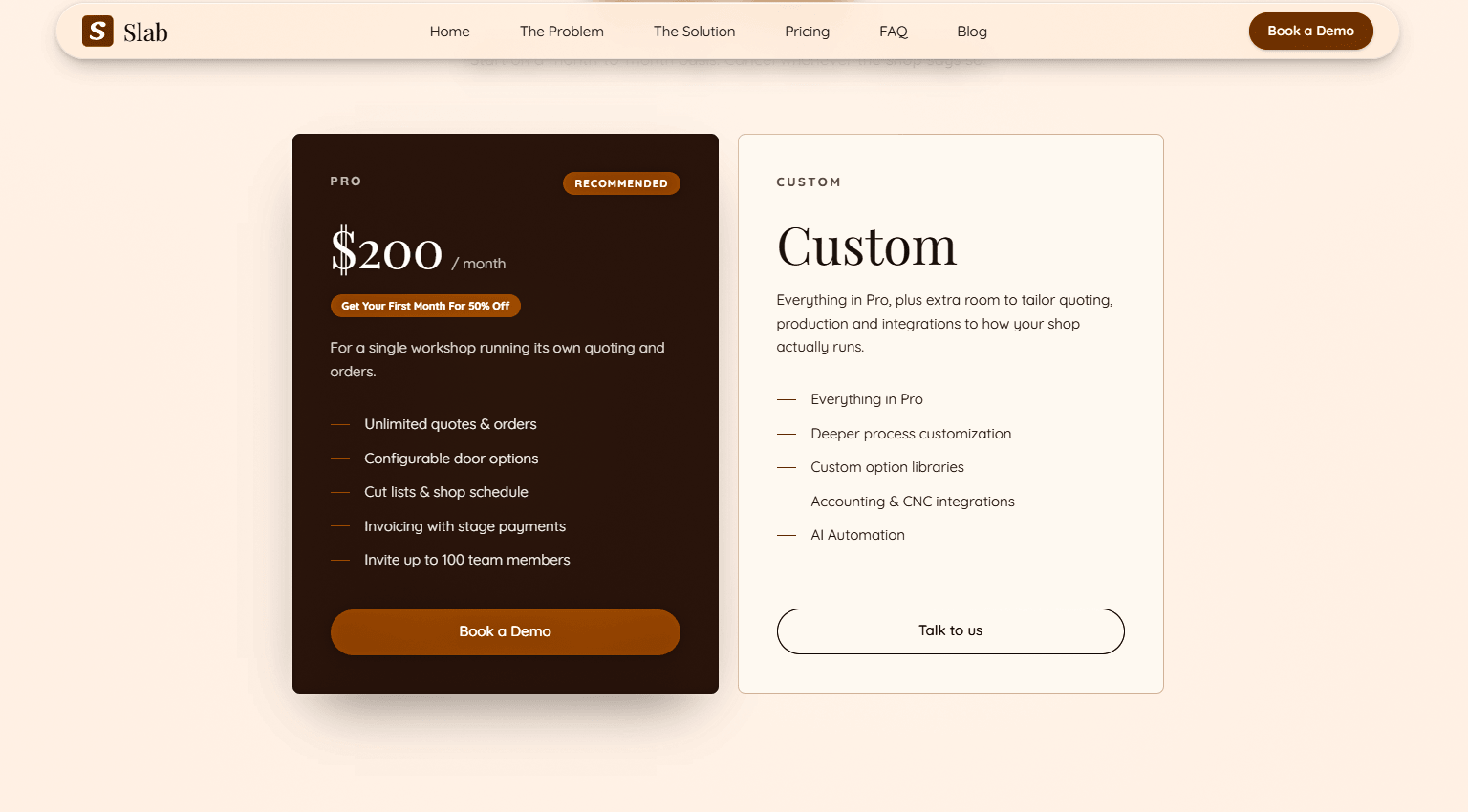 SLAB pricing: a Pro plan at $200 per month with no setup fee, and a Custom plan priced individually.